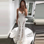 Robe de mariée sirène transparente à bretelles spaghetti pour femmes