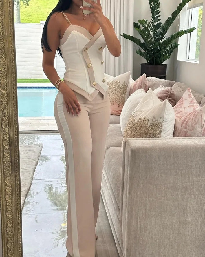 Ensemble 2 pièces haut asymétrique sexy à fronces et pantalon droit décontracté pour femmes