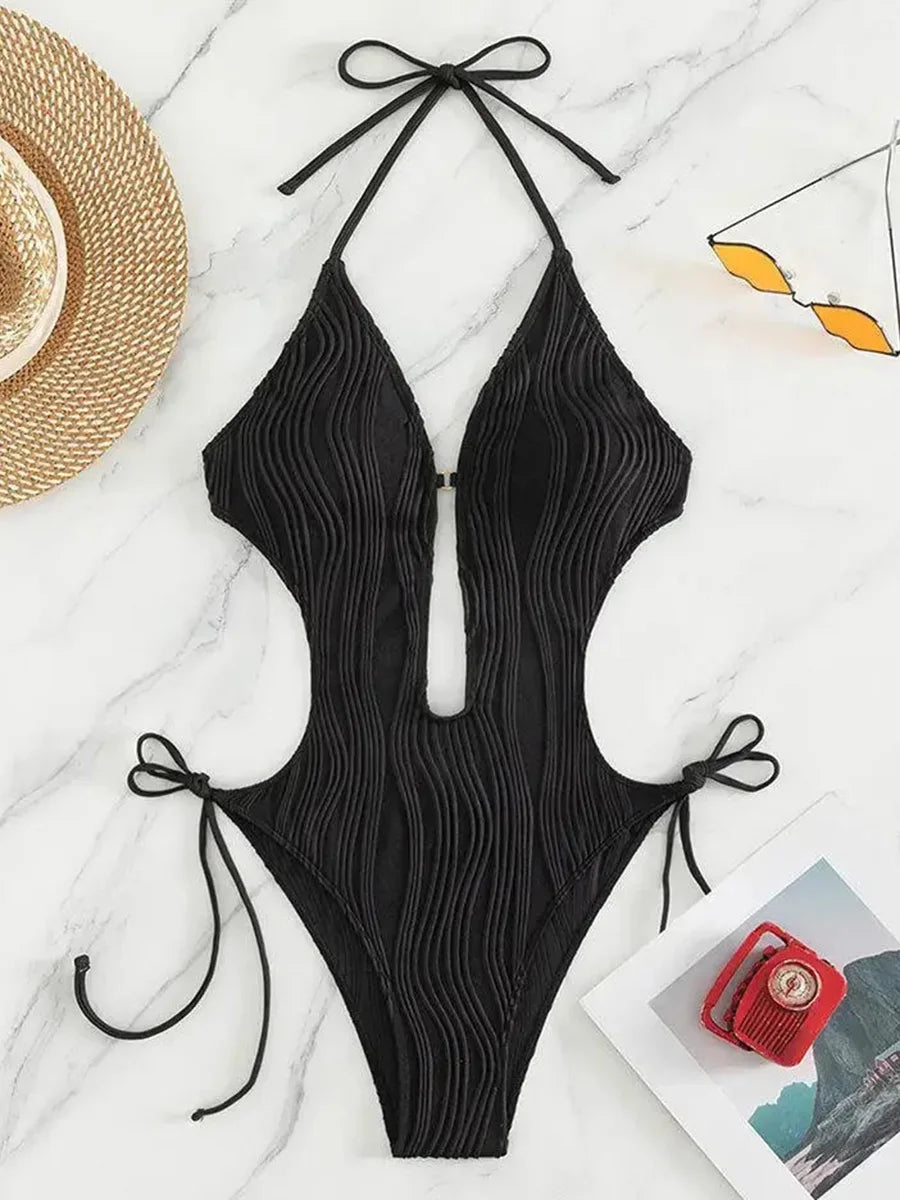 Maillot de bain une pièce sexy, col en v déformé  pour femmes