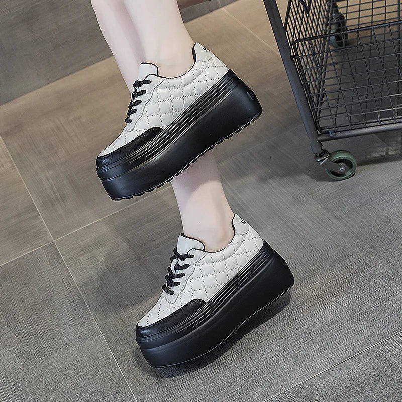 Baskets compensées en cuir véritable pour femmes