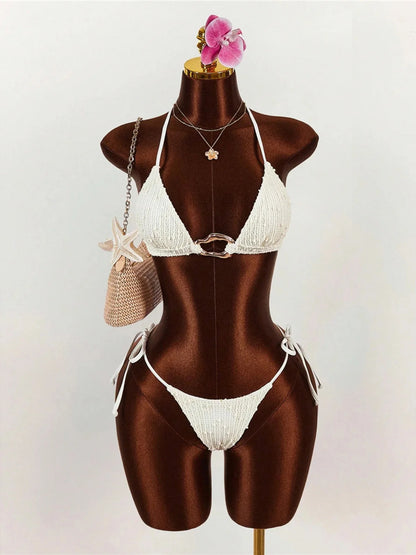 Bikini 3 Pièces Femme – Haut à Manches Longues et Col Licou