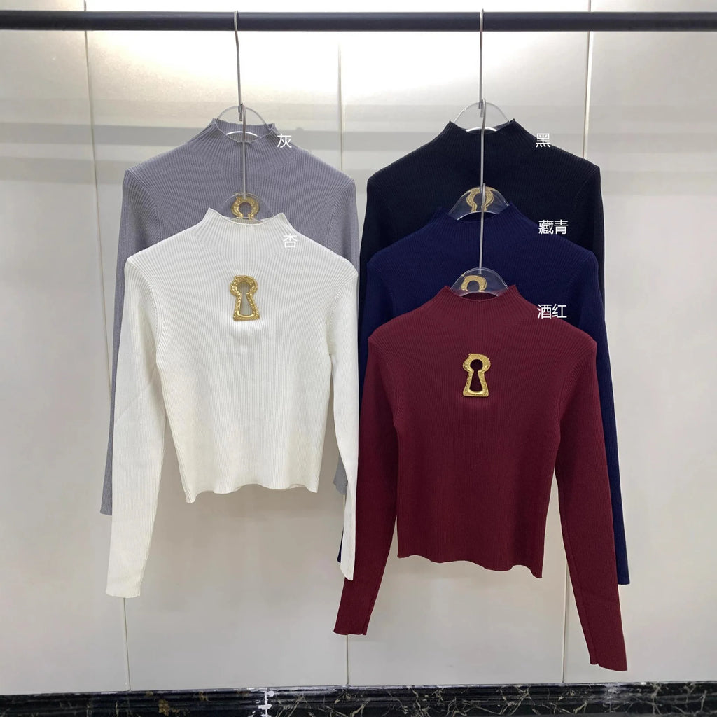Pull tricoté ajouré à col mi-haut à manches longues pour femmes