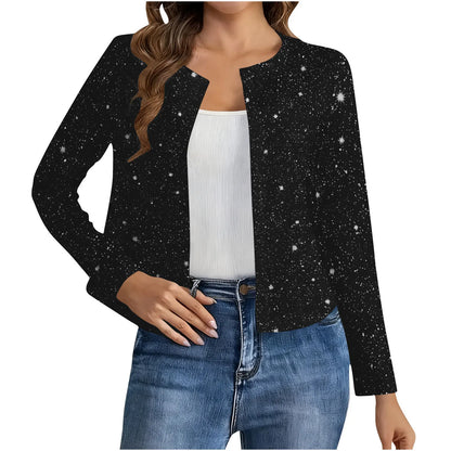 Cardigan Court Scintillant Femme – Col Rond et Manches Longues