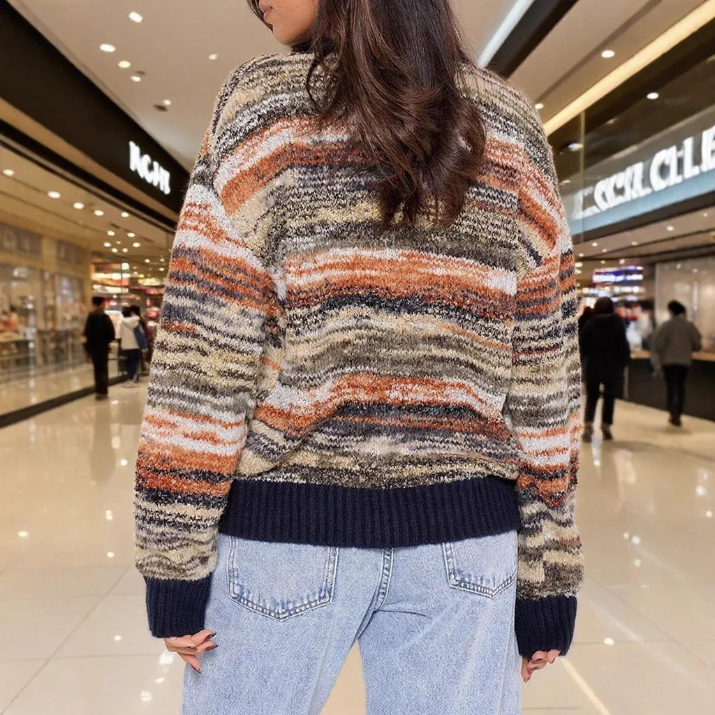 Cardigan ouvert en tricot à rayures dégradées col en V pour femmes