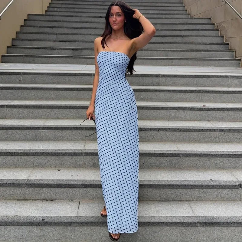 Robe longue bustier à pois, sans manches pour femmes