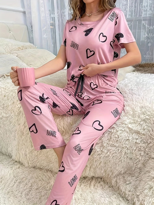 Pyjama à Cœurs Femme – T-shirt et Pantalon Long