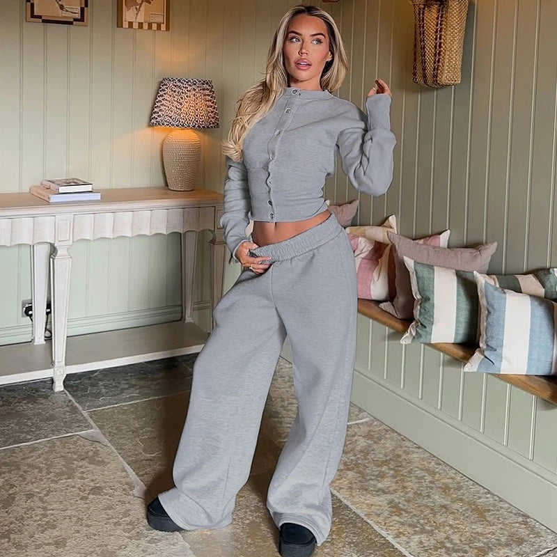 Ensemble deux pièces cardigan boutonné et pantalon large pour femmes