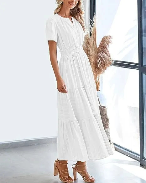 Robe longue plissée élégante style français à col en V pour femmes