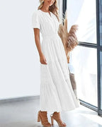 Robe longue plissée élégante style français à col en V pour femmes