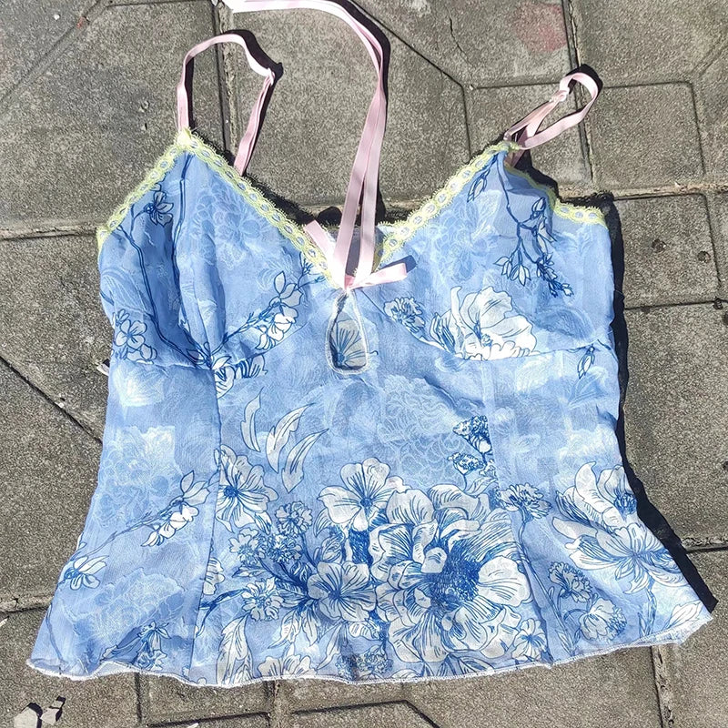 Débardeur en maille transparente à imprimé floral pour femmes