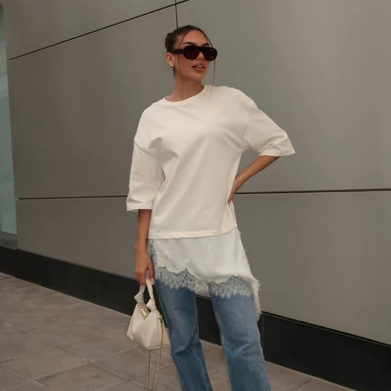T-shirt en dentelle patchwork pour femmes
