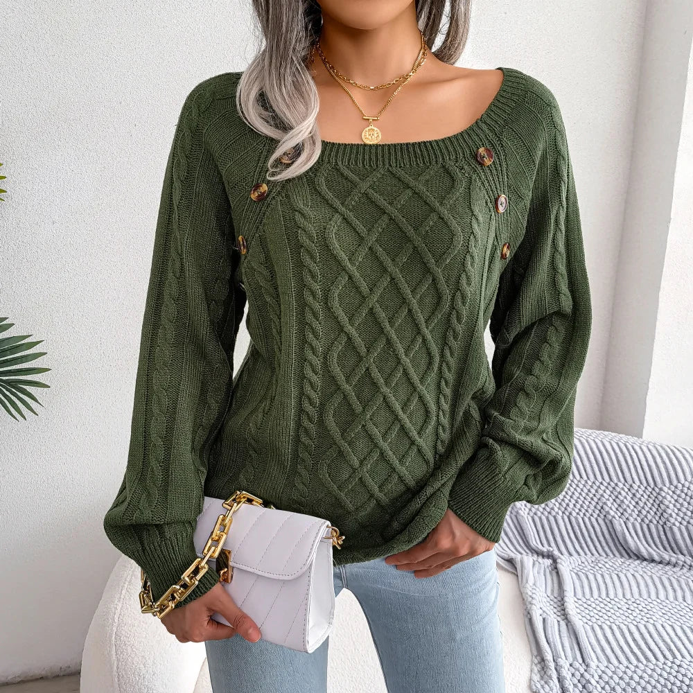 Pull Torsadé Femme – Col Carré Boutonné