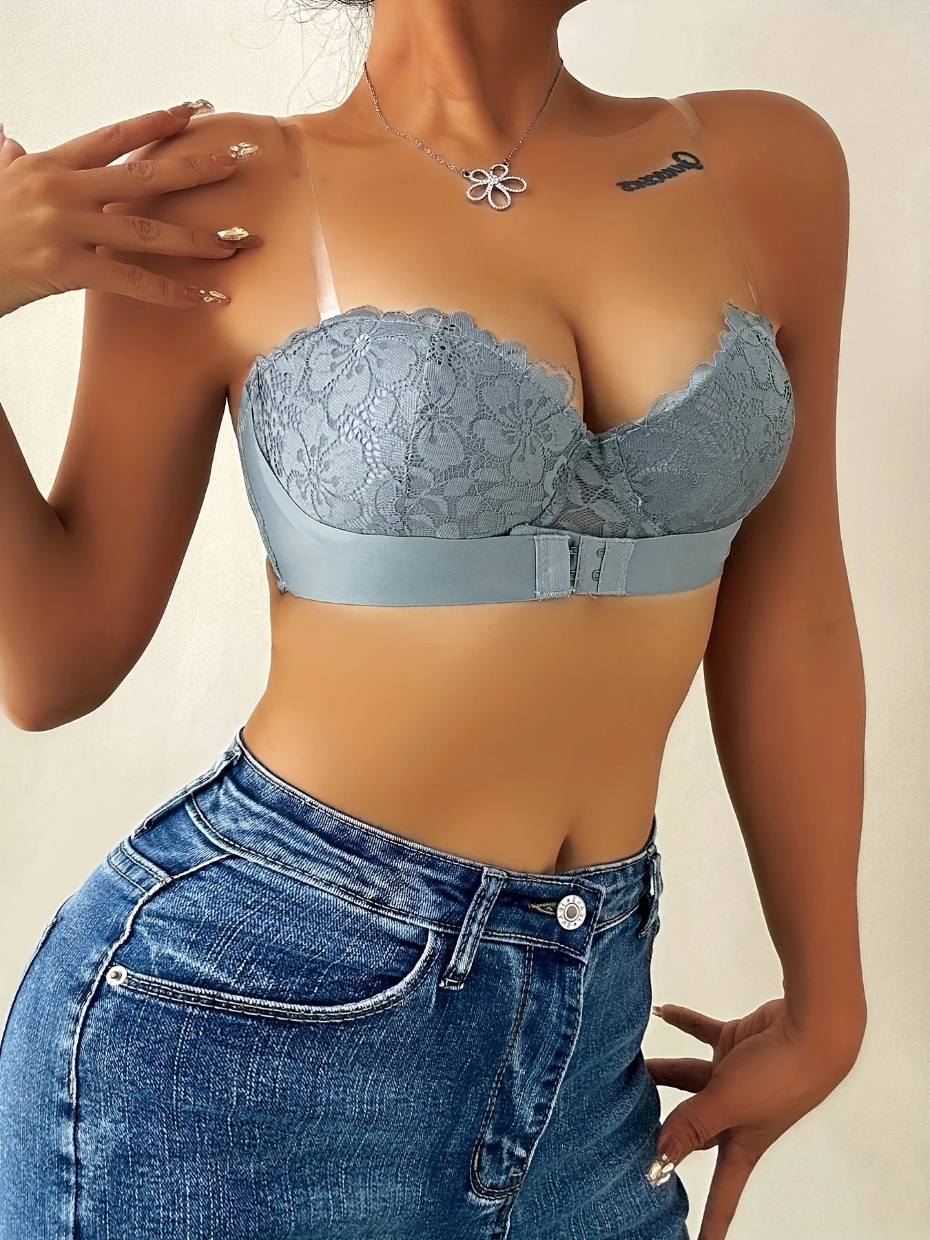 Soutien-gorge push-up semi-transparent à dentelle florale pour femmes