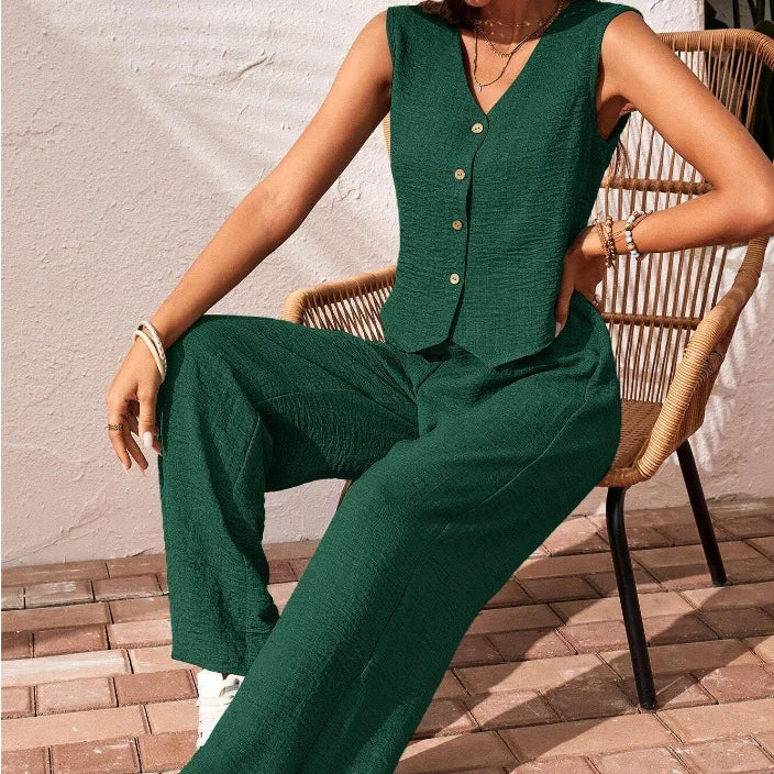 Ensemble deux pièces en coton lin gilet court haut + pantalon pour femmes