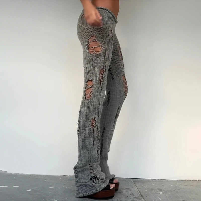 Pantalon skinny femme long en maille tricotée