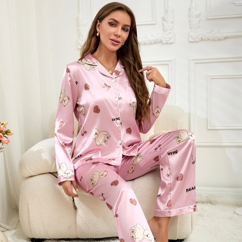 Ensemble de pyjama à imprimé flamant rose floral vêtements de nuit à manches longues et pantalon long élastique pour femmes