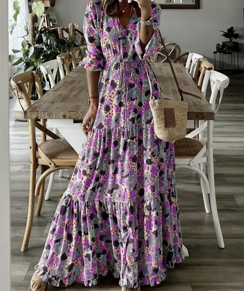 Robe longue bohème à imprimé floral et col en V pour femmes