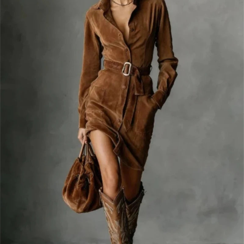 Robe-chemise courte en daim à revers à simple boutonnage pour femmes