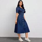Robe longue en jean à simple boutonnage et col cranté pour femmes