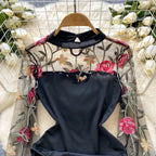 Bodys vintage broderie gaze col montant à manches longues pour femmes