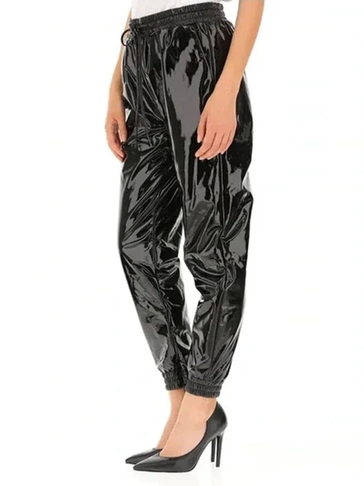 Pantalon Cargo en Similicuir Brillant à Taille Élastique