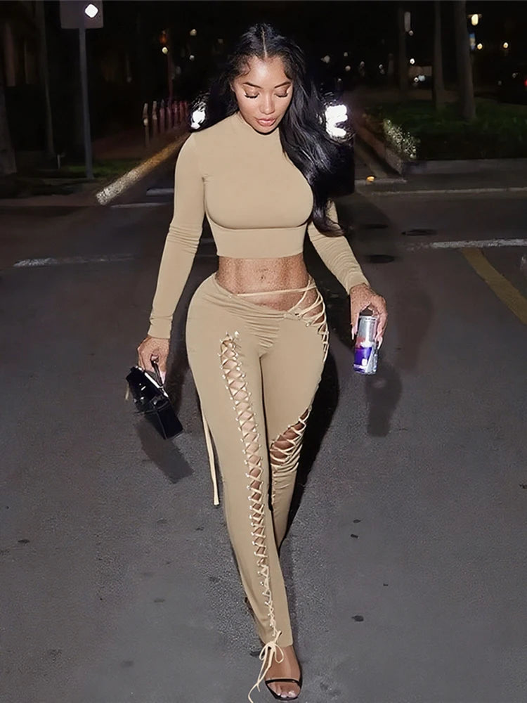 Ensemble 2 pièces crop top uni à manches longues + pantalon taille basse à cordon pour femmes