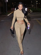 Ensemble 2 pièces crop top uni à manches longues + pantalon taille basse à cordon pour femmes