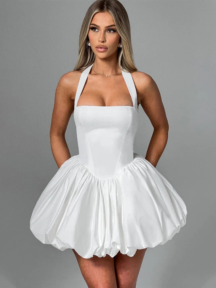 Robe courte bouffante sans manches à lacets pour femmes