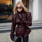Veste en cuir bordeaux ample épissé taille cintrée pour femmes