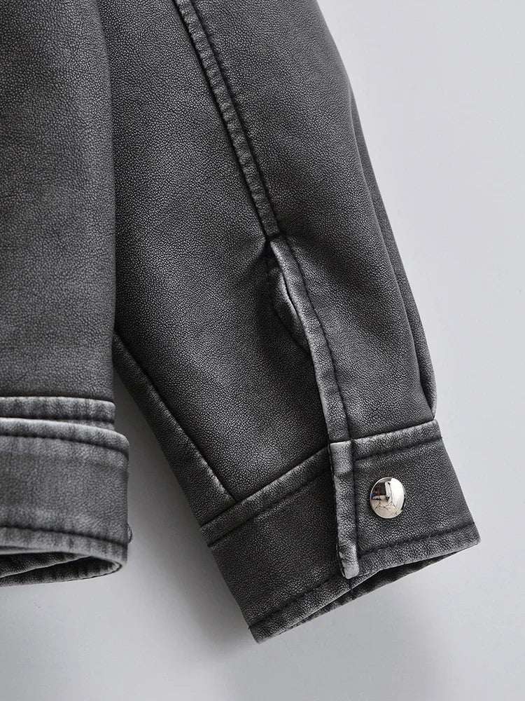 Veste ample vintage en similicuir PU pour femmes
