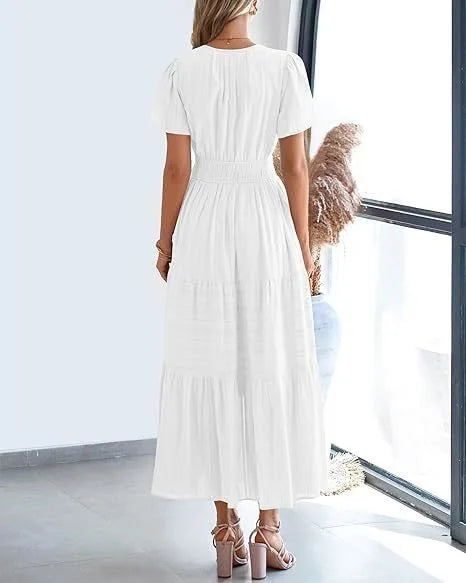 Robe longue plissée élégante style français à col en V pour femmes