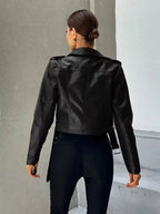 Veste en cuir noir à revers court pour femmes