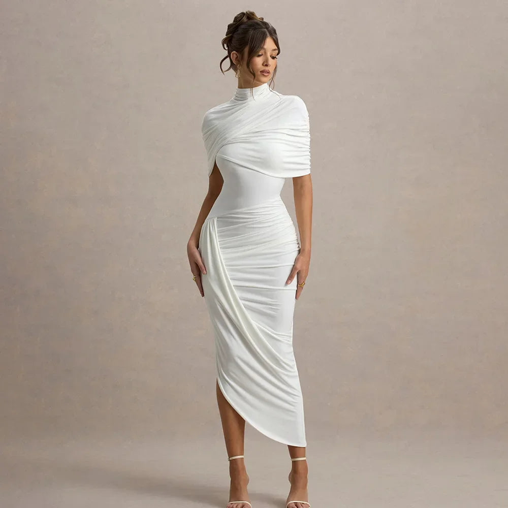 Robe longue froncée à manches mi-longues, dos nu pour femmes