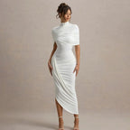 Robe longue froncée à manches mi-longues, dos nu pour femmes