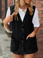 Gilet en jean vintage à grand col en V pour femmes