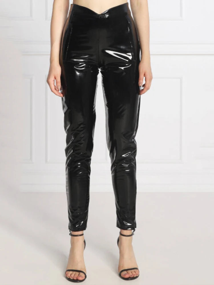 Legging Taille Haute en Similicuir Brillant Longueur Cheville
