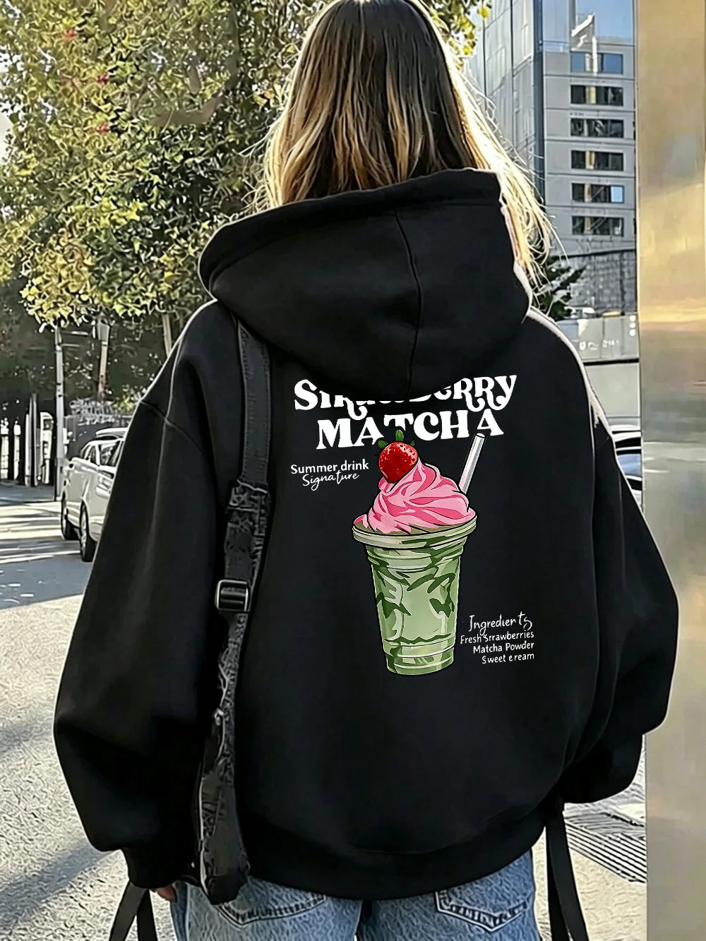 Sweat à capuche imprimé fraise et matcha pour femmes