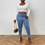 Jean skinny taille moyenne délavé rétro grande taille pour femme