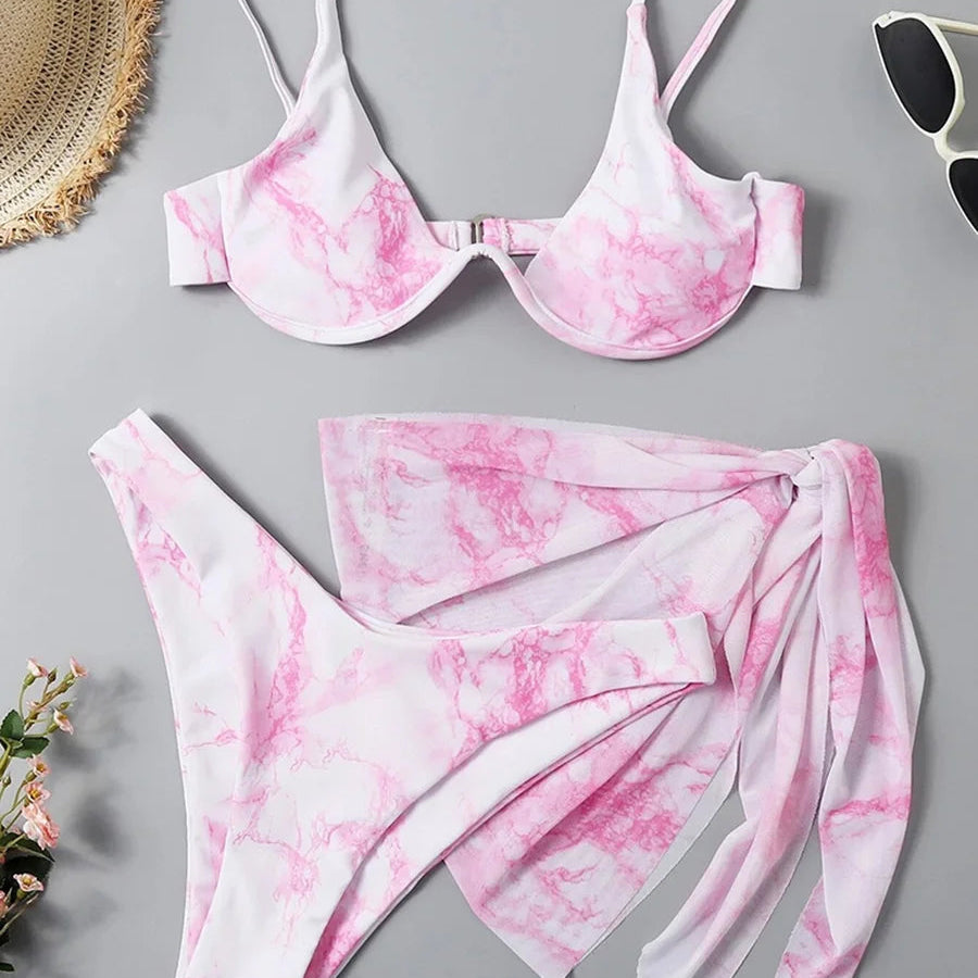 Maillot de bain trois pièces Push Up imprimé marbre, col en v, à armatures, pour femmes