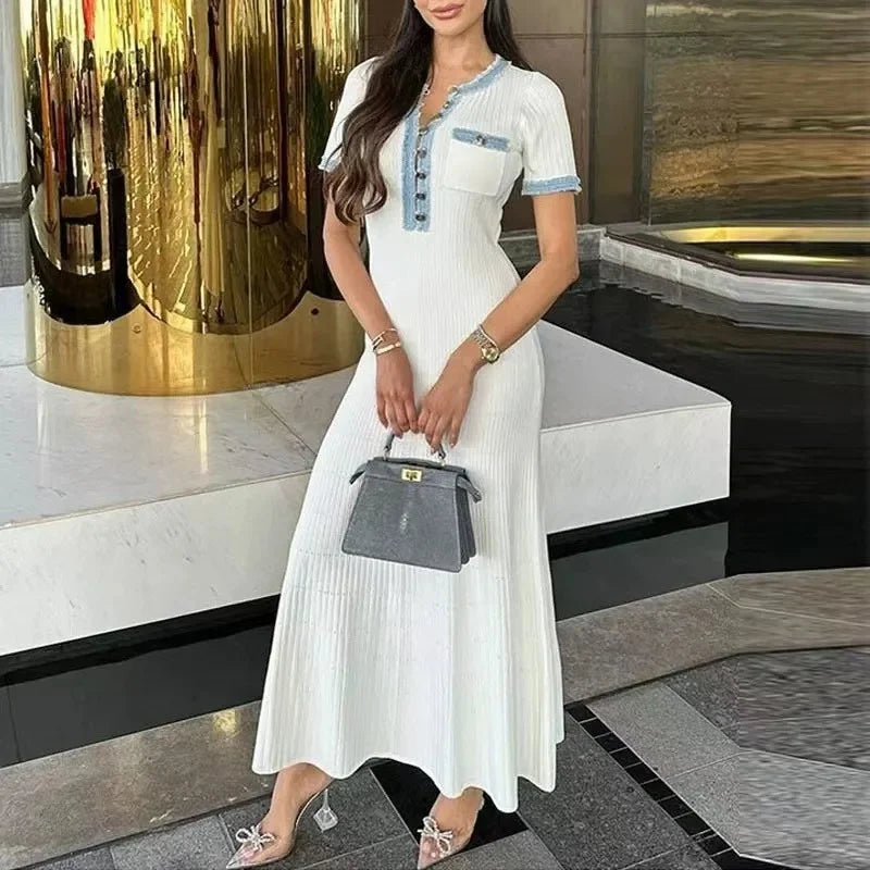 Robe longue tricotée élégante à col rond pour femmes