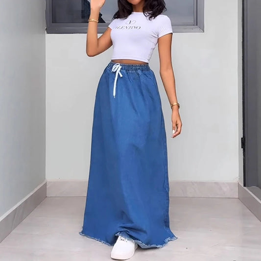 Jupe femme longue en jean bleu rétro