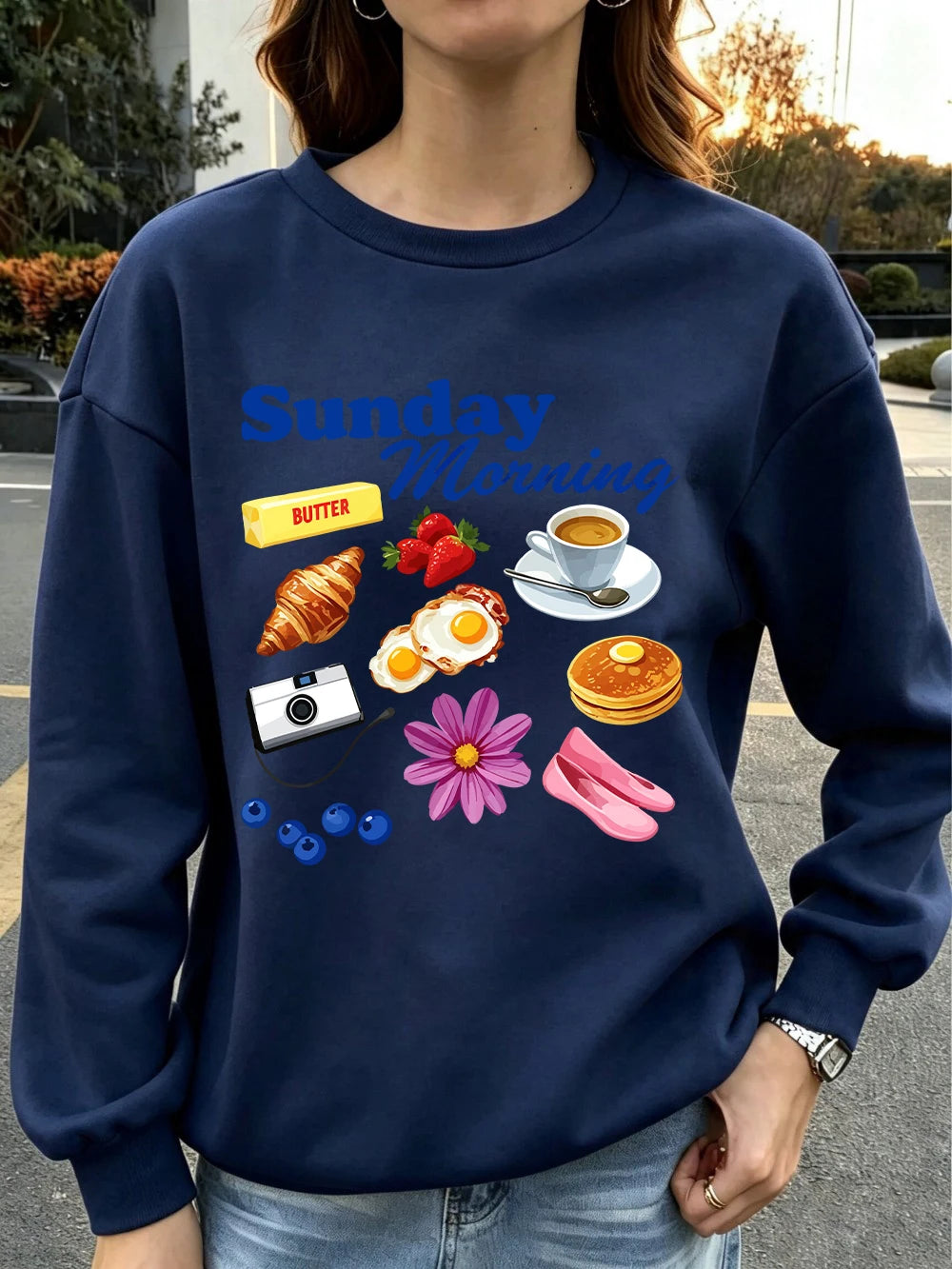 Sweat-shirts imprimés pour le dimanche matin, pulls à capuche sportifs à col rond pour femmes
