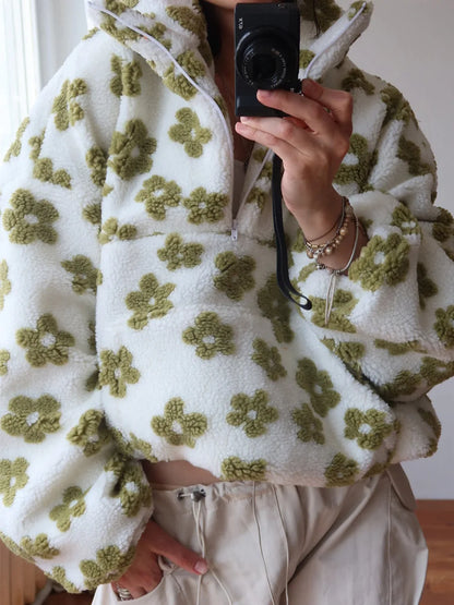 Sweat à Capuche Sherpa Femme – Fleurs et Demi-Zip