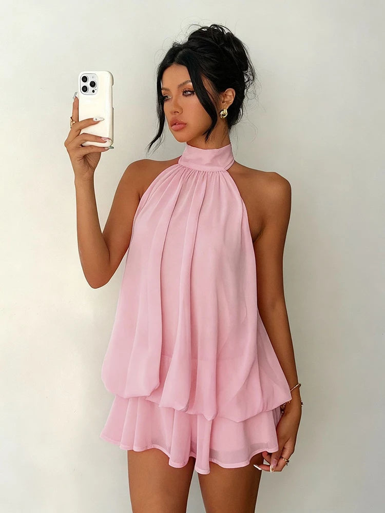 Robe Courte Femme – Mousseline, Col Licou et Dos Nu
