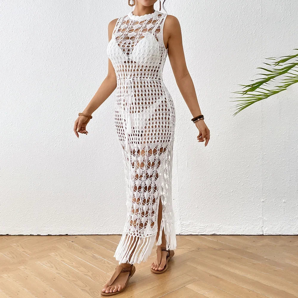 Robe longue à franges de plage florale taille cintrée pour femmes
