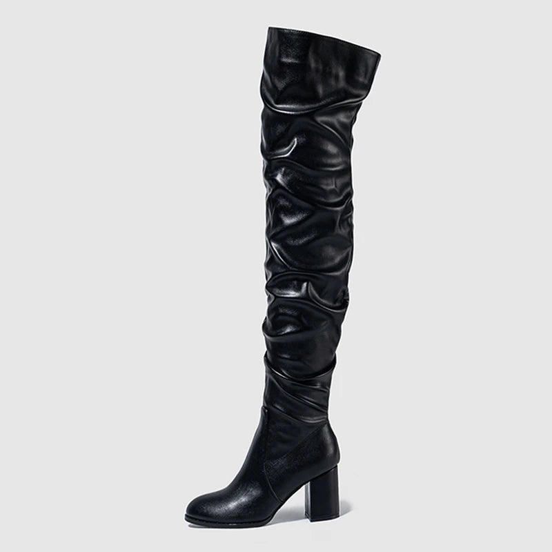 Cuissardes zippées en cuir plissé pour femmes
