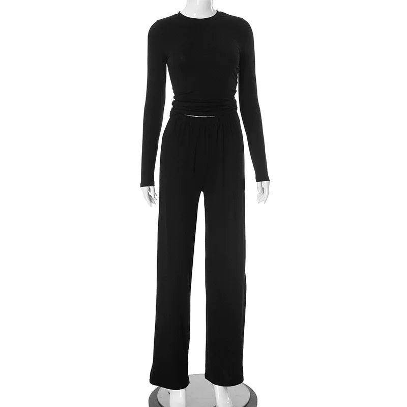 Ensemble pantalon plissé décontracté et haut à manches longues et col rond pour femmes