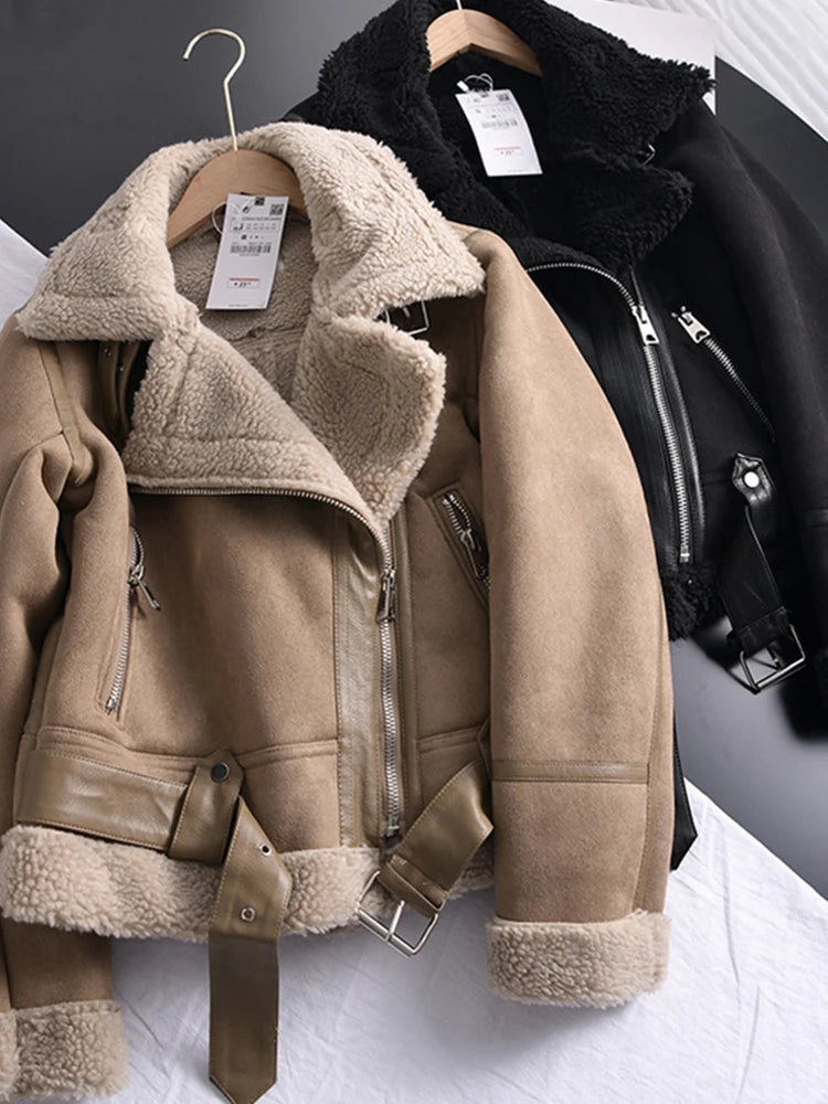 Veste courte épais en daim agneau pour femmes