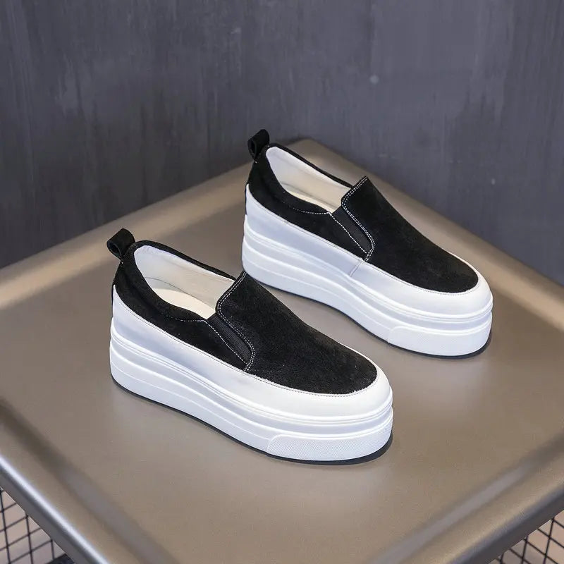 Baskets en cuir véritable à semelle compensée pour femmes