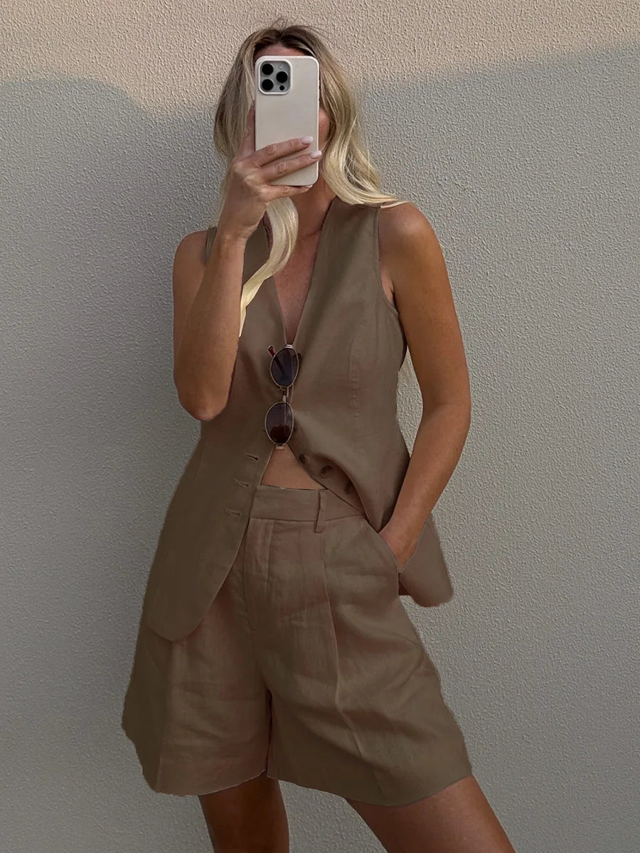 Ensemble débardeur et short en coton et lin, chic et décontracté pour femmes